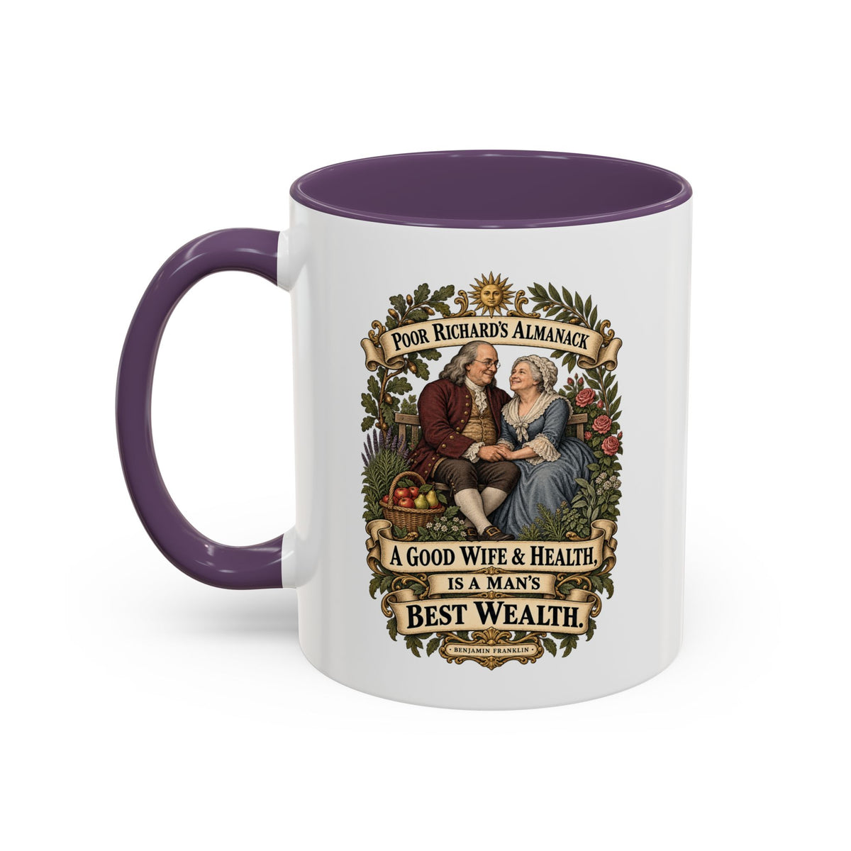 Accent Coffee Mug (11, 15oz) - Poor Richards Almanac - A good Wife & Health, is a Man's best Wealth