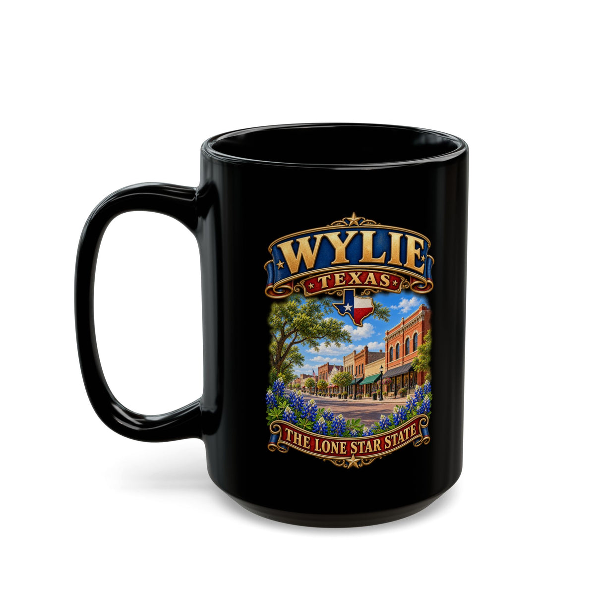 Black Mug  (15oz) - Wylie, Texas - Lone Star State with City Scene