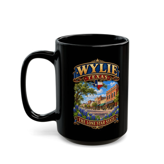 Black Mug  (15oz) - Wylie, Texas - Lone Star State with City Scene