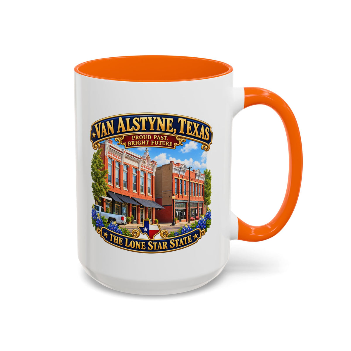 Accent Coffee Mug (11, 15oz) - Van Alstyne, Texas - Proud Past, Bright Future -Lone Star State - with Downtown Architecture Scene
